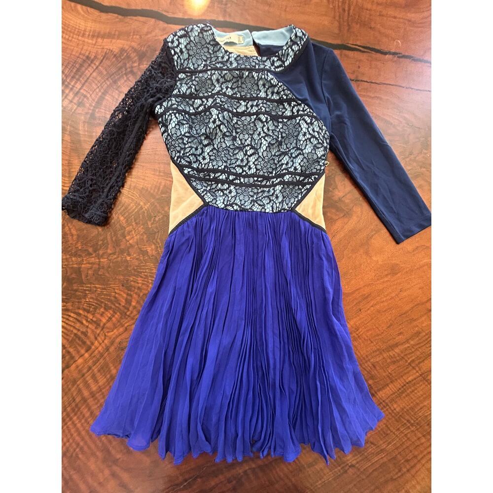 Three Floor Blue Lace Mesh Asymmetric Silk Mini Dress 2 XS XXS